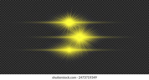 Light effect of lens flares. Three yellow horizontal glowing light starburst effects with sparkles on a grey transparent background. Vector illustration