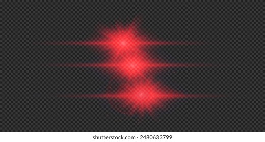 Efecto lumínico de los destellos de lente. Tres Horizontales efectos de luz brillante roja con destellos sobre un fondo gris transparente. Ilustración vectorial