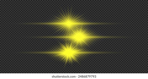 Light effect of lens flares. Three yellow horizontal glowing light starburst effects with sparkles on a grey transparent background. Vector illustration