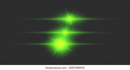 Light effect of lens flares. Three green horizontal glowing light starburst effects with sparkles on a grey transparent background. Vector illustration