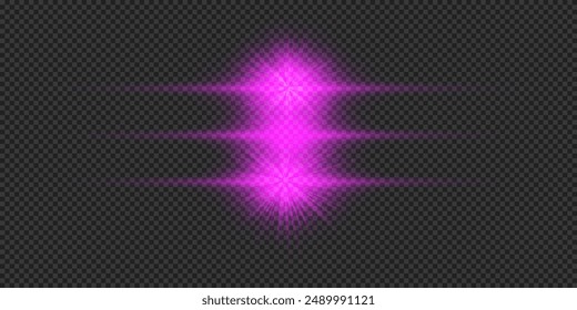 Efecto lumínico de los destellos de lente. Tres efectos de estallido de luz brillante Horizontal púrpura con destellos sobre un fondo transparente gris. Ilustración vectorial