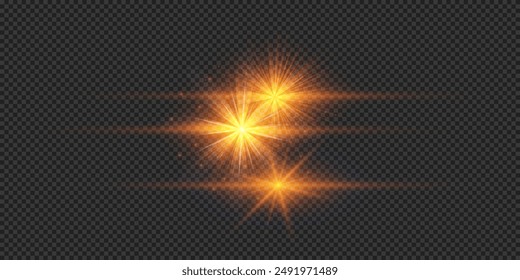 Light effect of lens flares. Three orange horizontal glowing light starburst effects with sparkles on a grey transparent background. Vector illustration