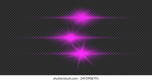 Light effect of lens flares. Three purple horizontal glowing light starburst effects with sparkles on a grey transparent background. Vector illustration