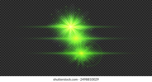 Light effect of lens flares. Three green horizontal glowing light starburst effects with sparkles on a grey transparent background. Vector illustration