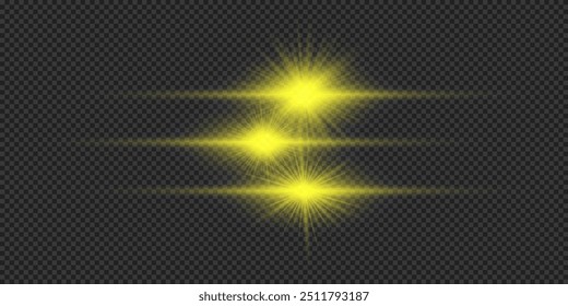 Light effect of lens flares. Three yellow horizontal glowing light starburst effects with sparkles on a grey transparent background. Vector illustration