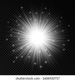 Light effect of lens flares. White glowing lights starburst effects with sparkles on a transparent background. Vector illustration