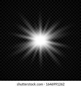 Efecto luminoso de las bengalas del objetivo. Las luces brillantes blancas estallan efectos estrellados con chispas sobre un fondo transparente. Ilustración del vector