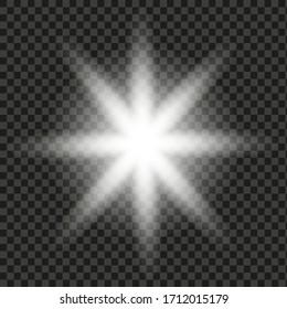 Efecto luminoso de las bengalas del objetivo. Las luces brillantes blancas estallan efectos estrellados con chispas sobre un fondo transparente. Ilustración del vector
