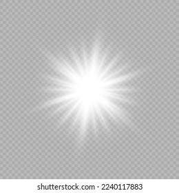 Efecto luminoso de las bengalas de la lente. Las luces blancas brillantes provocan un estallido de los efectos con destellos sobre un fondo transparente gris. Ilustración del vector