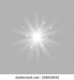Light effect of lens flares. White glowing lights starburst effects with sparkles on a grey transparent background. Vector illustration