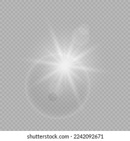 Light effect of lens flares. White glowing lights starburst effects with sparkles on a grey transparent background. Vector illustration