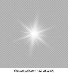 Light effect of lens flares. White glowing lights starburst effects with sparkles on a grey transparent background. Vector illustration