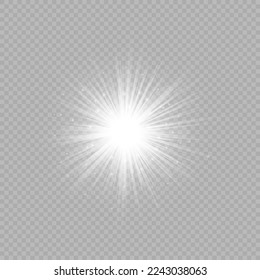 Light effect of lens flares. White glowing lights starburst effects with sparkles on a grey transparent background. Vector illustration