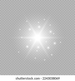 Light effect of lens flares. White glowing lights starburst effects with sparkles on a grey transparent background. Vector illustration