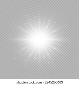 Efecto luminoso de las bengalas de la lente. Las luces blancas brillantes provocan un estallido de los efectos con destellos sobre un fondo transparente gris. Ilustración del vector
