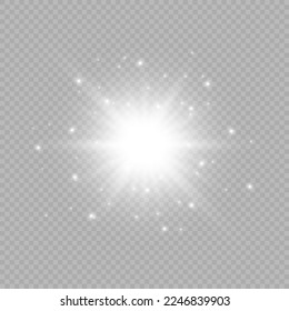 Light effect of lens flares. White glowing lights starburst effects with sparkles on a grey transparent background. Vector illustration