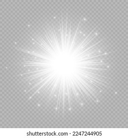 Lichteffekt der Linsenfackel. Weiße, leuchtende Lichter starben Effekte mit Funkeln auf grauem, transparentem Hintergrund. Vektorgrafik