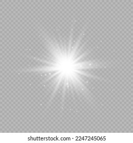 Light effect of lens flares. White glowing lights starburst effects with sparkles on a grey transparent background. Vector illustration