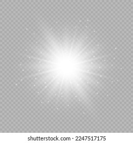 Light effect of lens flares. White glowing lights starburst effects with sparkles on a grey transparent background. Vector illustration