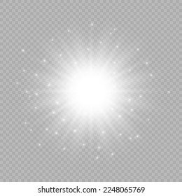 Light effect of lens flares. White glowing lights starburst effects with sparkles on a grey transparent background. Vector illustration