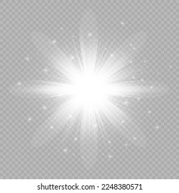 Light effect of lens flares. White glowing lights starburst effects with sparkles on a grey transparent background. Vector illustration