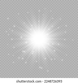 Efecto luminoso de las bengalas de la lente. Las luces blancas brillantes provocan un estallido de los efectos con destellos sobre un fondo transparente gris. Ilustración del vector