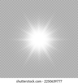 Efecto luminoso de las bengalas de la lente. Las luces blancas brillantes provocan un estallido de los efectos con destellos sobre un fondo transparente gris. Ilustración del vector