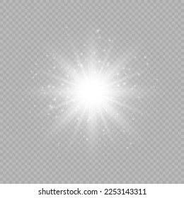Light effect of lens flares. White glowing lights starburst effects with sparkles on a grey transparent background. Vector illustration
