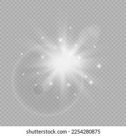 Lichteffekt der Linsenfackel. Weiße, leuchtende Lichter starben Effekte mit Funkeln auf grauem, transparentem Hintergrund. Vektorgrafik