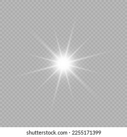 Light effect of lens flares. White glowing lights starburst effects with sparkles on a grey transparent background. Vector illustration