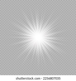 Efecto luminoso de las bengalas de la lente. Las luces blancas brillantes provocan un estallido de los efectos con destellos sobre un fondo transparente gris. Ilustración del vector