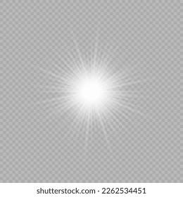 Efecto luminoso de las bengalas de la lente. Las luces blancas brillantes provocan un estallido de los efectos con destellos sobre un fondo transparente gris. Ilustración del vector