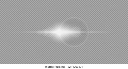 Light effect of lens flares. White horizontal glowing light starburst effect with sparkles on a grey transparent background. Vector illustration