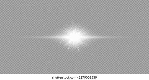 Light effect of lens flares. White horizontal glowing light starburst effect with sparkles on a grey transparent background. Vector illustration