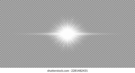 Light effect of lens flares. White horizontal glowing light starburst effect with sparkles on a grey transparent background. Vector illustration
