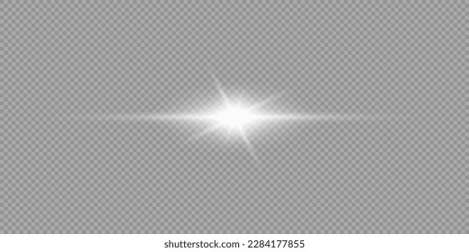 Light effect of lens flares. White horizontal glowing light starburst effect with sparkles on a grey transparent background. Vector illustration
