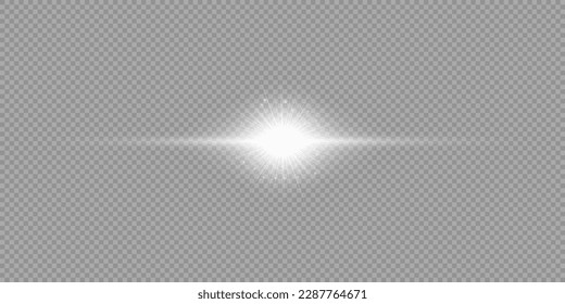 Light effect of lens flares. White horizontal glowing light starburst effect with sparkles on a grey transparent background. Vector illustration