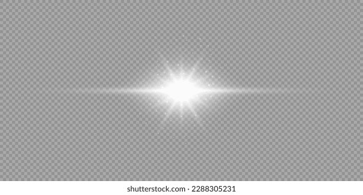 Efecto luminoso de las bengalas de la lente. Efecto de arranque de luz blanca horizontal brillante con destellos sobre un fondo transparente gris. Ilustración del vector