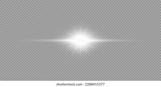 Light effect of lens flares. White horizontal glowing light starburst effect with sparkles on a grey transparent background. Vector illustration