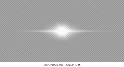 Light effect of lens flares. White horizontal glowing light starburst effect with sparkles on a grey transparent background. Vector illustration