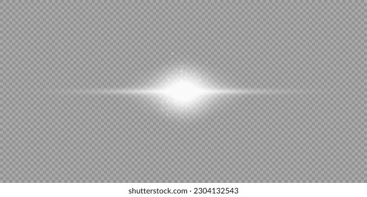 Light effect of lens flares. White horizontal glowing light starburst effect with sparkles on a grey transparent background. Vector illustration
