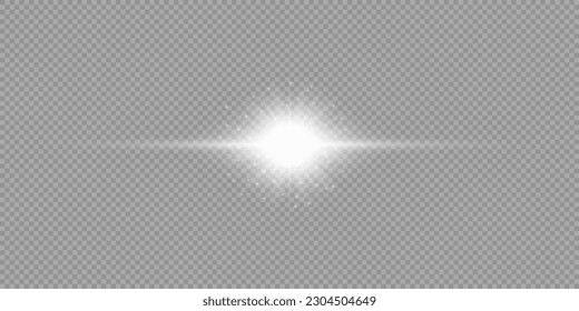 Light effect of lens flares. White horizontal glowing light starburst effect with sparkles on a grey transparent background. Vector illustration