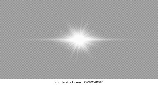 Light effect of lens flares. White horizontal glowing light starburst effect with sparkles on a grey transparent background. Vector illustration