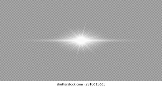Light effect of lens flares. White horizontal glowing light starburst effect with sparkles on a grey transparent background. Vector illustration