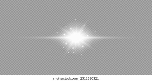 Light effect of lens flares. White horizontal glowing light starburst effect with sparkles on a grey transparent background. Vector illustration
