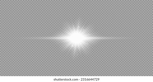 Light effect of lens flares. White horizontal glowing light starburst effect with sparkles on a grey transparent background. Vector illustration