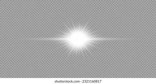 Light effect of lens flares. White horizontal glowing light starburst effect with sparkles on a grey transparent background. Vector illustration