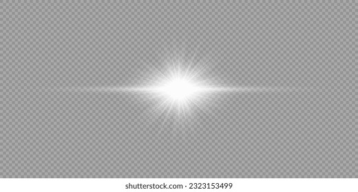 Light effect of lens flares. White horizontal glowing light starburst effect with sparkles on a grey transparent background. Vector illustration