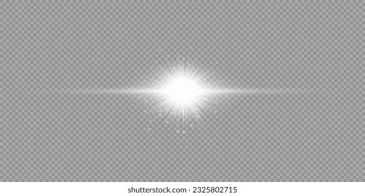 Light effect of lens flares. White horizontal glowing light starburst effect with sparkles on a grey transparent background. Vector illustration