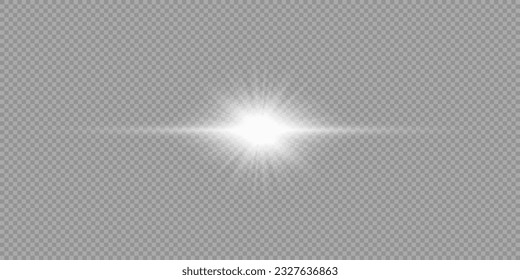 Light effect of lens flares. White horizontal glowing light starburst effect with sparkles on a grey transparent background. Vector illustration